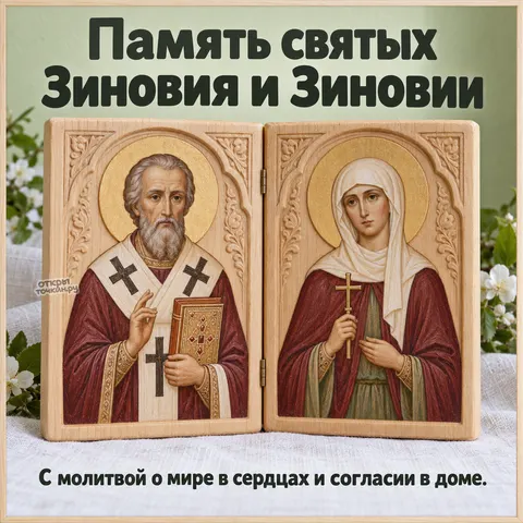 Открытка «День памяти Зиновия и Зиновии, деревянный диптих на льне с белыми цветами» — День памяти священномученика Зиновия и мученицы Зиновии