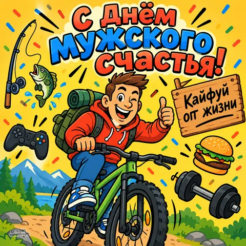 Открытка «День мужского счастья, велосипедист среди рыбалки игр и гор»