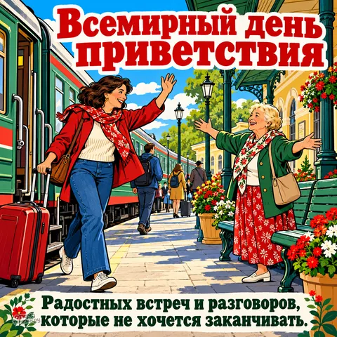 Открытка «Всемирный день приветствия, встреча у поезда на солнечном вокзале»
