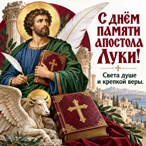 Открытка «День памяти апостола Луки, апостол с пером, каменный крылатый телец и красное Евангелие, оливковые ветви у руин, света душе и крепкой веры» — День памяти святого апостола и евангелиста Луки