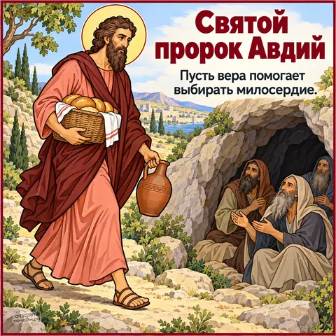Открытка «День памяти пророка Авдия, пророк Авдий несёт хлеб и кувшин к людям в пещере»