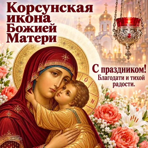 Открытка «Корсунская икона Божией Матери, розы и лилии, лампада, храм с куполами, благодати и тихой радости» — Праздник Корсунской иконы Божией Матери