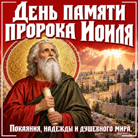 Открытка «День памяти пророка Иоиля, пророк Иоиль со свитком на фоне Иерусалима, покаяния надежды и душевного мира» — День памяти святого пророка Иоиля