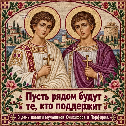 Открытка «День памяти Онисифора и Порфирия, вышитая открытка с белой башней и морем» — День памяти мучеников Онисифора и Порфирия