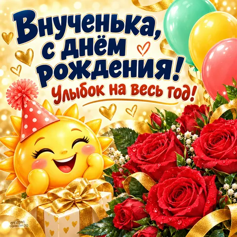 Открытка «День рождения» — Солнечный праздник с красными розами