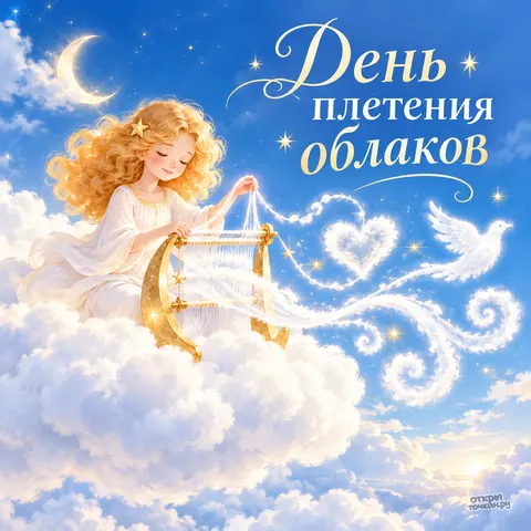 Открытка «День плетения облаков, девочка на лунном станке ткёт сердце и птицу из нитей»