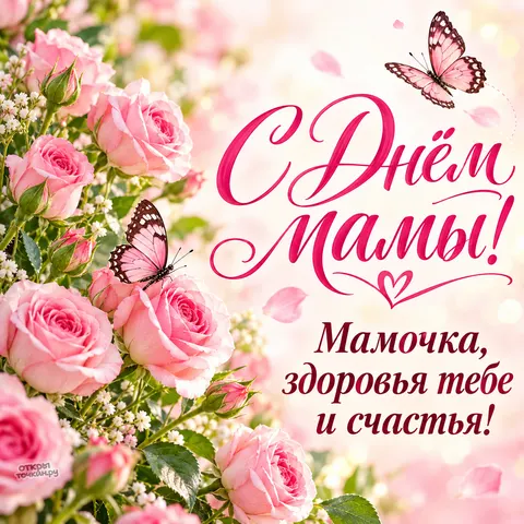 Открытка «С Днём мамы, нежные розы и розовые бабочки» — День матери