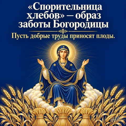 Открытка «Икона Спорительница хлебов, Богородица на облаках над снопами, синий фон, добрые труды приносят плоды» — Праздник иконы Божией Матери «Спорительница хлебов»
