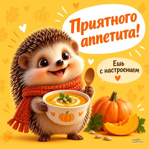 Открытка «Приятного аппетита, ёжик с тыквенным супом»