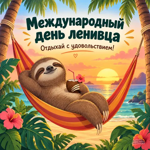 Открытка «Международный день ленивца, ленивец в гамаке с кокосовым коктейлем на закате»