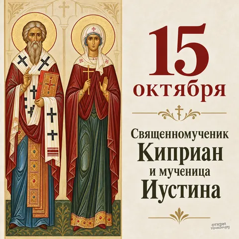 Открытка «Священномученик Киприан и мученица Иустина, 15 октября, крупные имена на половине»