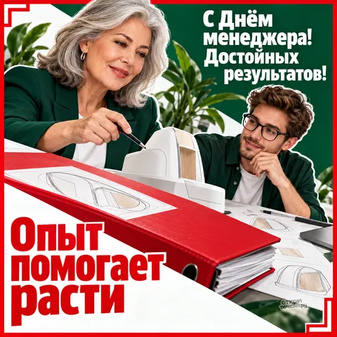 Открытка «День менеджера, наставница и коллега у макета красная папка опыт помогает расти» — День менеджера в России
