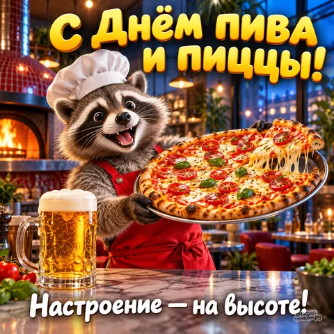 Открытка «С Днём пива и пиццы, енот в пиццерии»