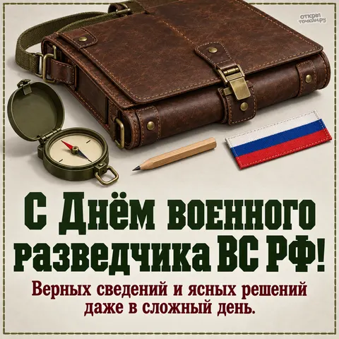 Открытка «День военного разведчика, кожаный планшет компас карандаш и нашивка триколора»