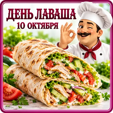 Открытка «День лаваша, весёлый повар и ролл с овощами»