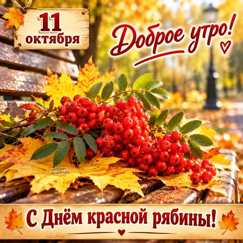 Открытка «Доброе утро, рябина на скамейке» — День красной рябины