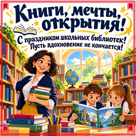 Открытка «День школьных библиотек, библиотекарь у полки, дети за столом с книгой, книги мечты и открытия»