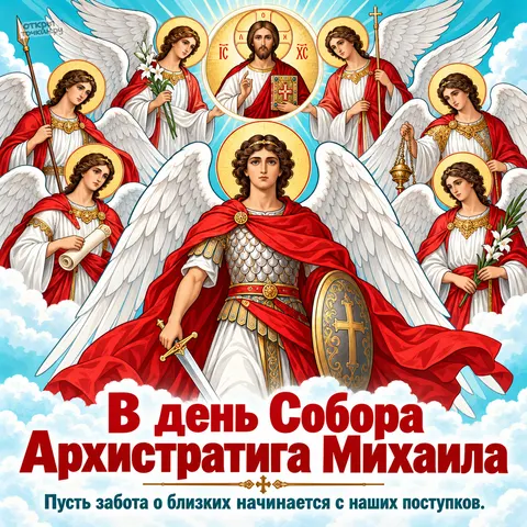 Открытка «Собор Архистратига Михаила, архангел михаил в боевых доспехах с мечом» — Собор Архистратига Михаила и прочих Небесных Сил бесплотных