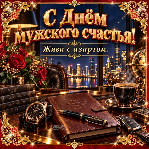 Открытка «День мужского счастья, блокнот часы и кофе на столе с видом на город»