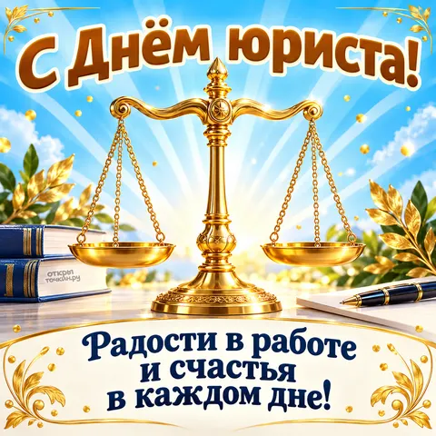 Открытка «С Днём юриста, золотые весы на голубом фоне»