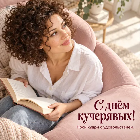 Открытка «Кудри у окна с книгой 6» — День кучерявых