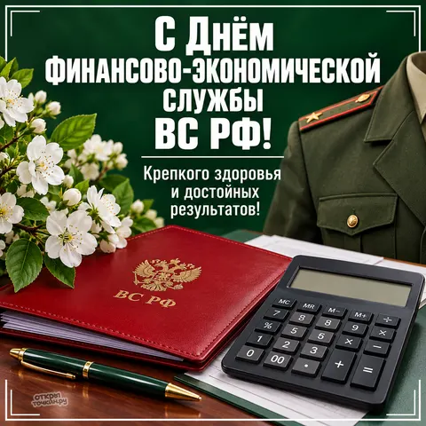 Открытка «День финслужбы ВС РФ, красная папка ВС РФ, калькулятор, белые цветы и погоны» — День финансово-экономической службы ВС РФ