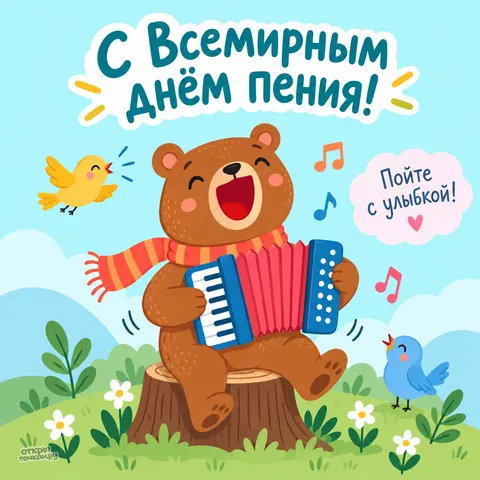 Открытка «Всемирный день пения, медведь с гармошкой и птицы, пойте с улыбкой»