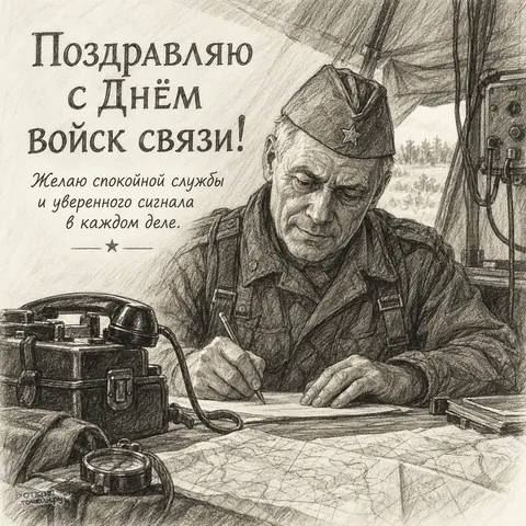 Открытка «День войск связи, офицер с полевым телефоном в палатке» — День военного связиста