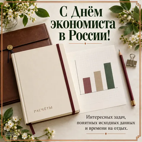 Открытка «День экономиста в России, блокнот расчёты и столбчатый график»