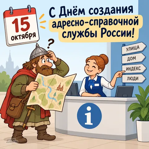 Открытка «День создания адресно-справочной службы, богатырь с картой у информационной стойки»