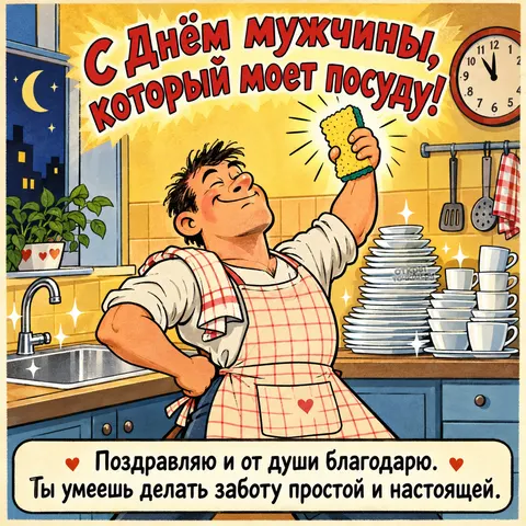 Открытка «День благодарности мужчине, который моет посуду, поздравление с горой посуды»