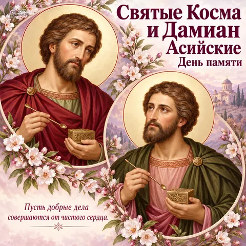 Открытка «День памяти Космы и Дамиана Асийских, два круглых образа среди вишнёвых цветов» — День памяти бессребреников Космы и Дамиана Асийских