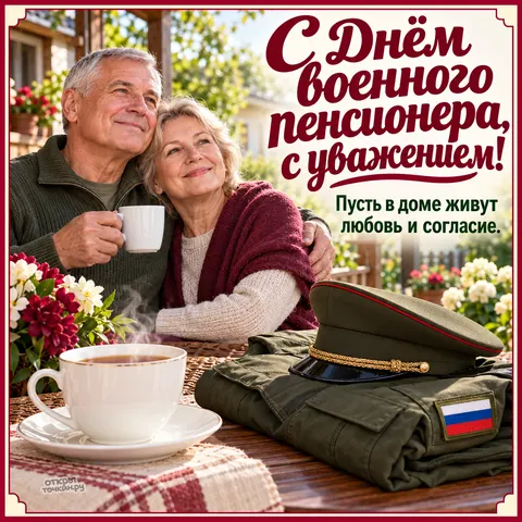 Открытка «День военного пенсионера, пара за чаем на террасе, форма и фуражка»