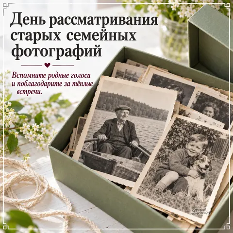 Открытка «День рассматривания старых фотографий, коробка с семейными снимками и цветы»
