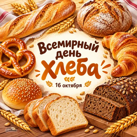 Открытка «Всемирный день хлеба, багет, круассан, крендель и нарезанный хлеб с колосьями»