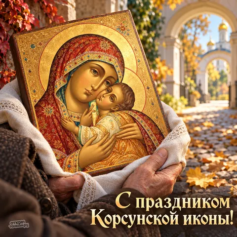 Открытка «Корсунская икона Божией Матери, икона в руках на осенней дорожке к храму» — Праздник Корсунской иконы Божией Матери