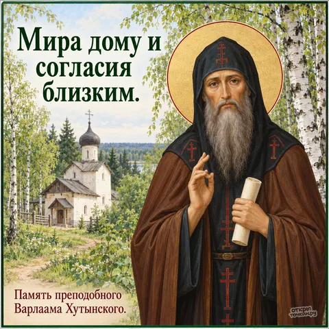 Открытка «День памяти преподобного Варлаама Хутынского, вышитая икона у берёз и церкви»