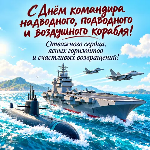 Открытка «С Днём командира корабля, авианосец подлодка и самолёты над морем» — День командира надводного, подводного и воздушного корабля