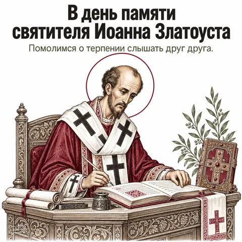 Открытка «День памяти Иоанна Златоуста, гравюра святителя пишет пером за столом»