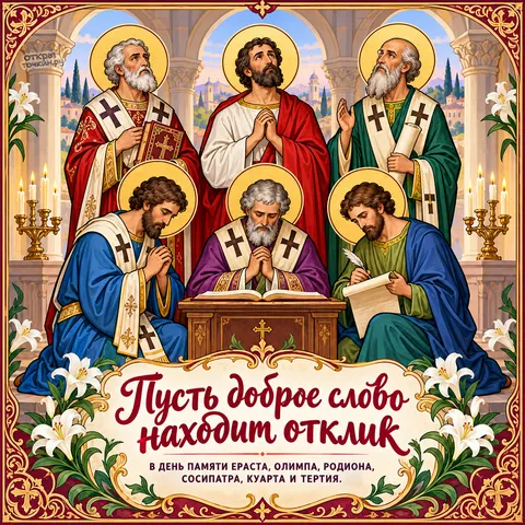 Открытка «Апостолы Ераст Олимп Родион Сосипатр Куарт и Тертий, общая молитва в арке с лилиями» — День памяти апостолов от 70-ти Ераста, Олимпа, Родиона и прочих