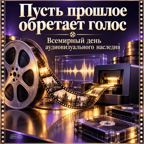 Открытка «Всемирный день аудиовизуального наследия, плёнка проходит через сканер рядом со звуковой волной»