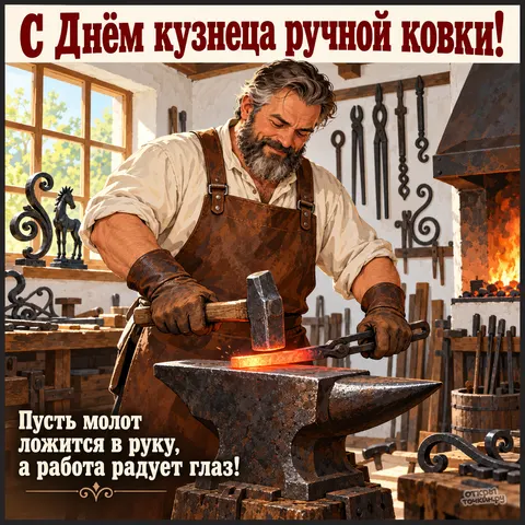 Открытка «День кузнеца ручной ковки, Кузнец за работой»