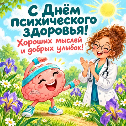 Открытка «Всемирный день психического здоровья» — С Днём психического здоровья, весёлый мозг и врач
