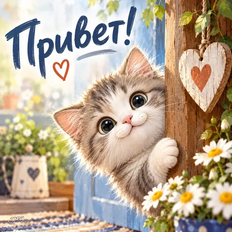 Открытка «Привет, милый котенок с ромашками»