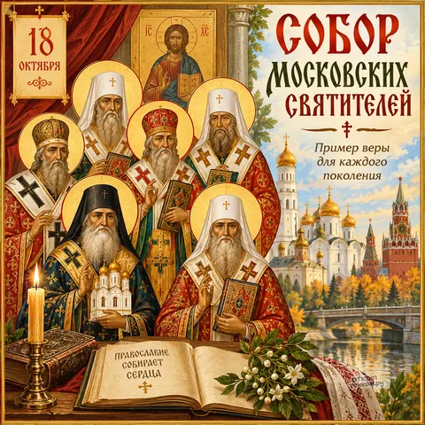 Открытка «Собор Московских святителей, 18 октября, пример веры для каждого поколения, православие собирает сердца»