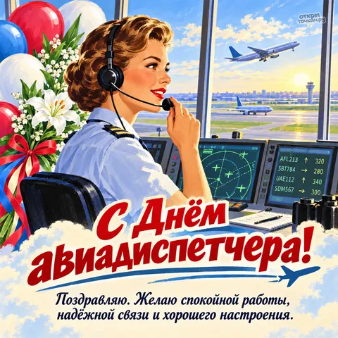 Открытка «День авиадиспетчера, девушка диспетчер с лилиями и шарами»