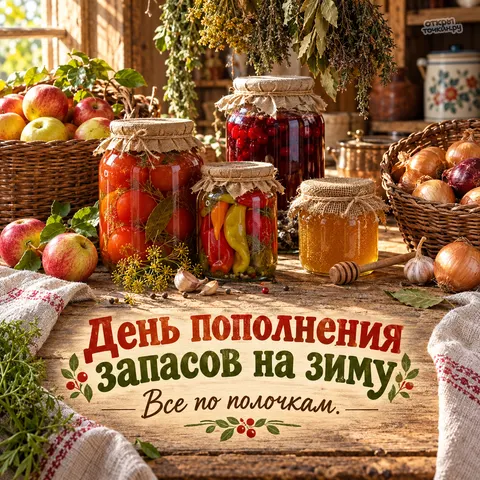 Открытка «День пополнения запасов на зиму, банки с соленьями и медом на столе»