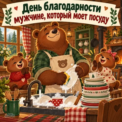 Открытка «День благодарности мужчине, который моет посуду, медведь с медвежатами в избушке»