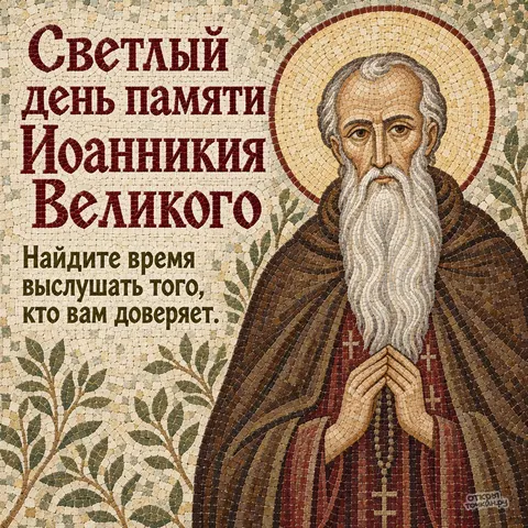 Открытка «День памяти преподобного Иоанникия Великого, мозаика с оливковыми ветвями и молитвой»