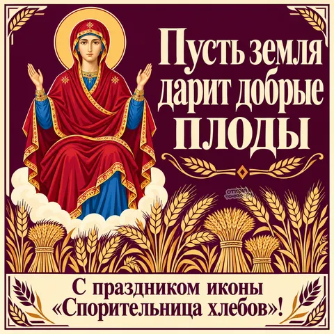 Открытка «Икона Спорительница хлебов, бордовый фон, Богородица и снопы пшеницы, пусть земля дарит добрые плоды, с праздником иконы» — Праздник иконы Божией Матери «Спорительница хлебов»